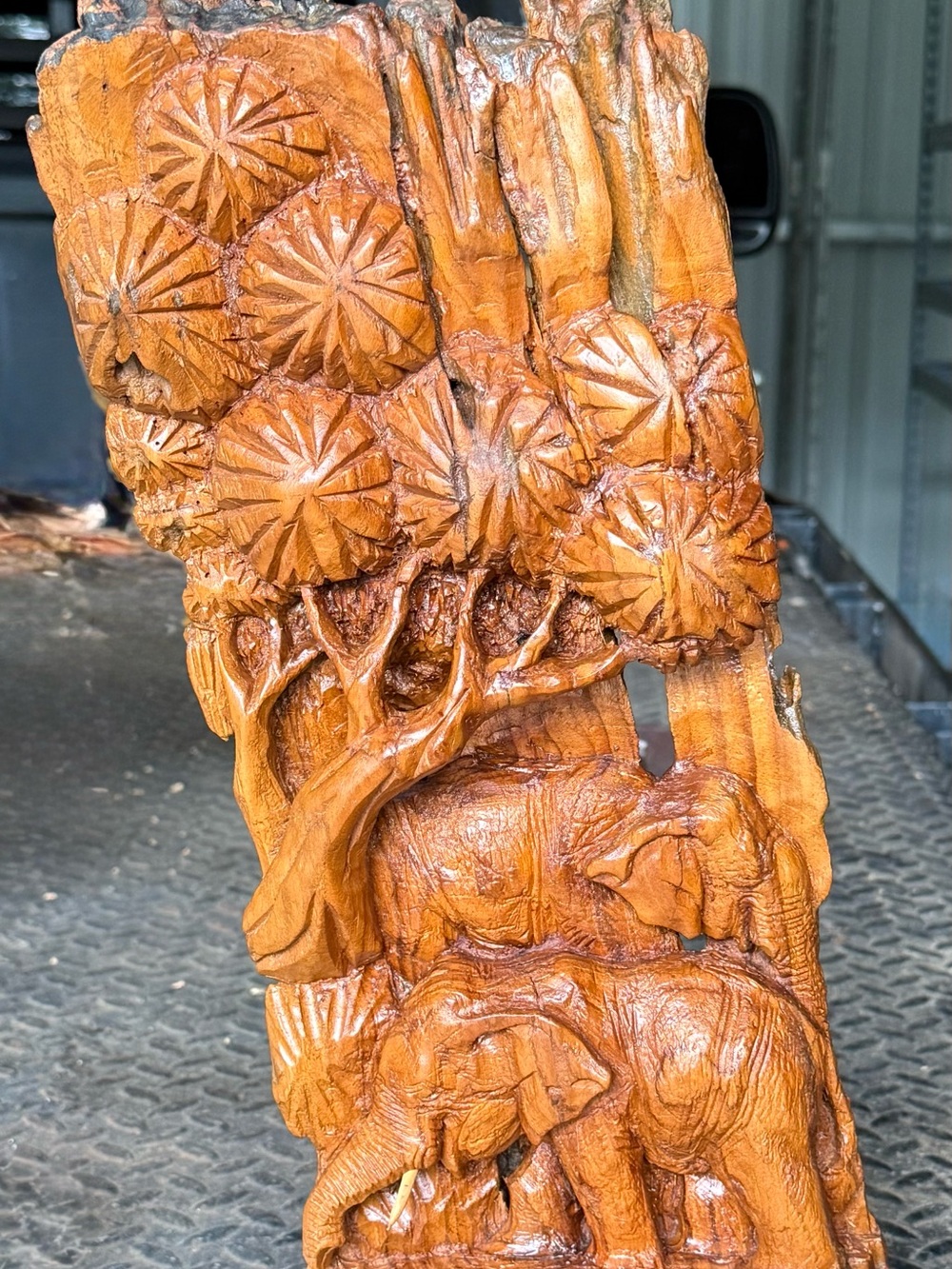 Hand-Carved Wooden Elephant Art - 18”H x 8”W x 2”D
